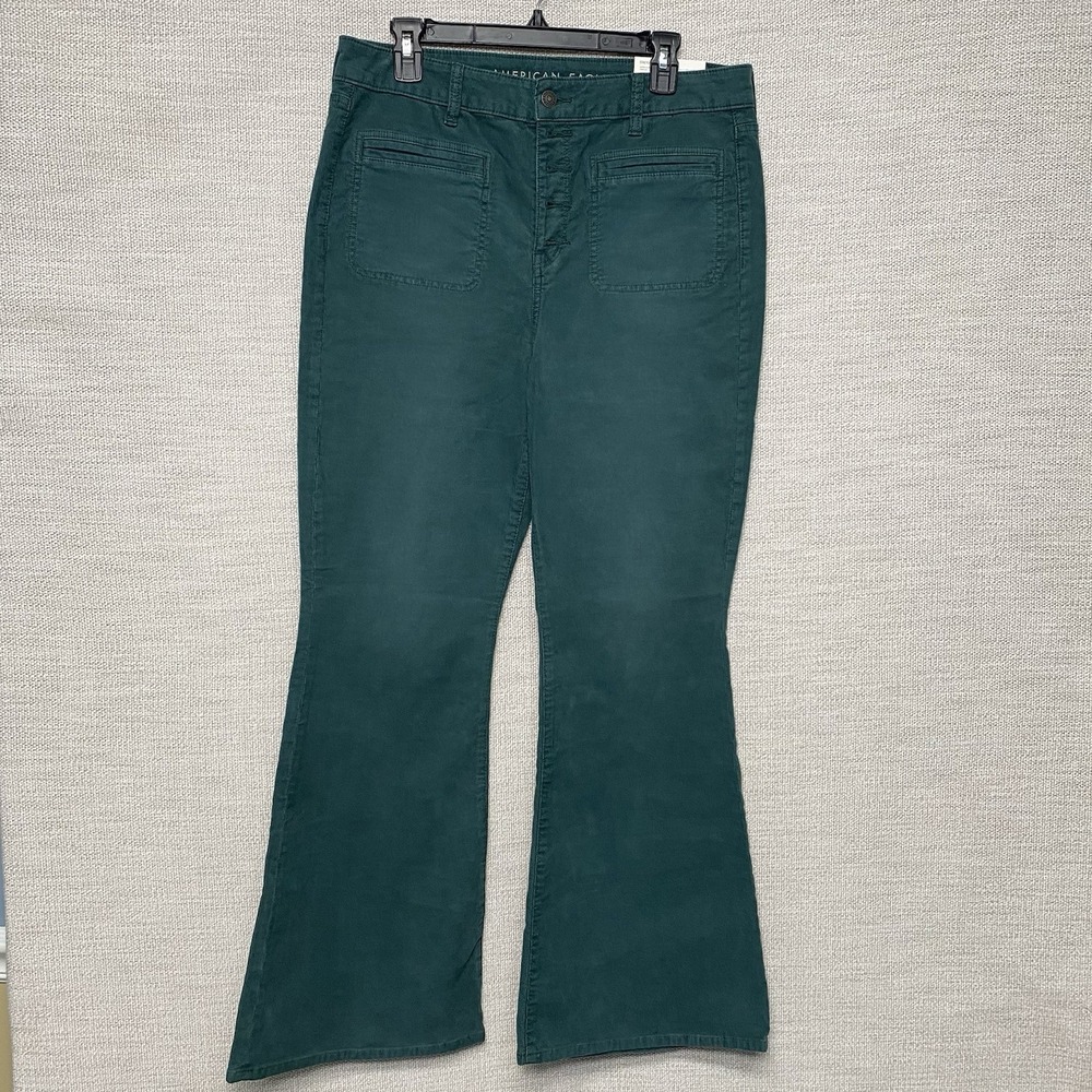 NEW American Eagle Super Hi Rise Flare Corduroy Pants 5 Pocket Teal Size 14
